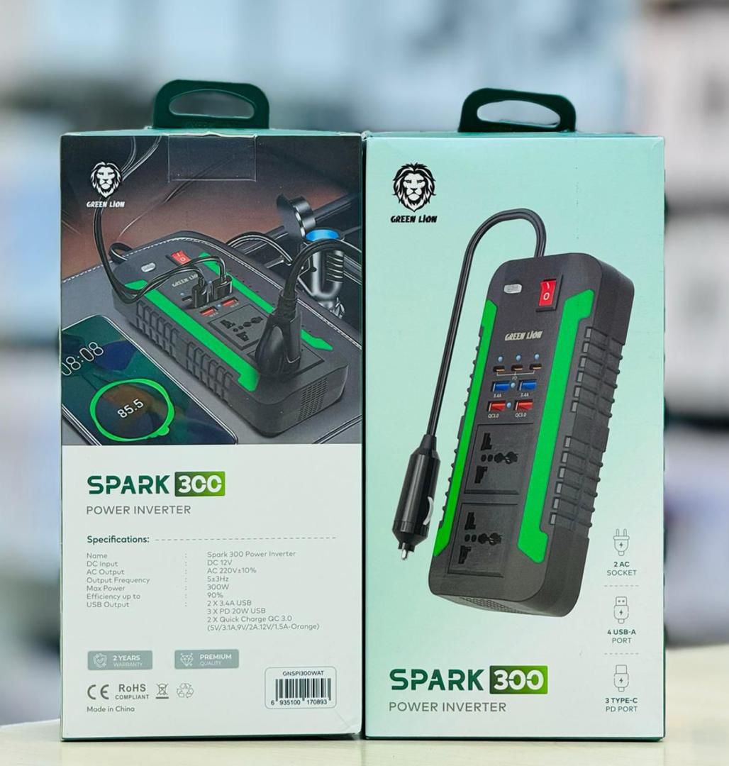 Green Lion Spark 3 Power Inverter 300 Watts 2 Ac Socket 4 USB A Ports 3 Type C Pd Port